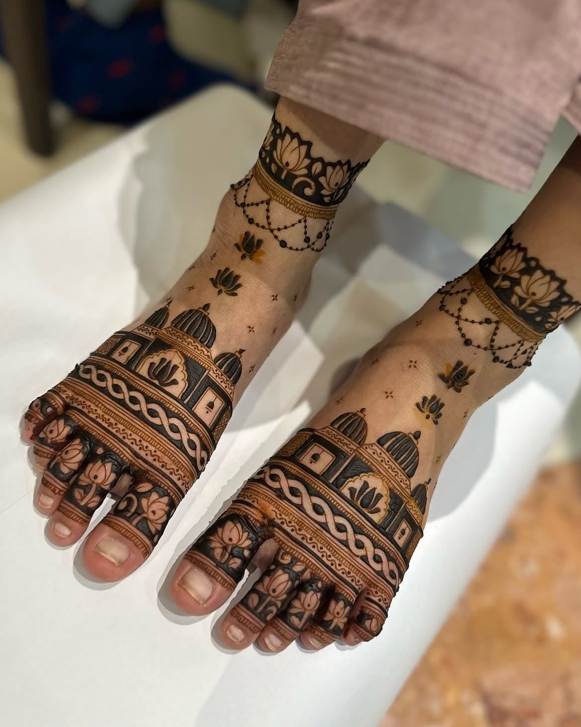 Bridal feet mehndi lotus temple design