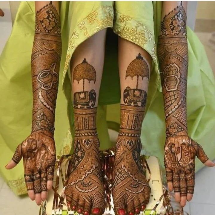 Bridal mehndi elephant umbrella couple design