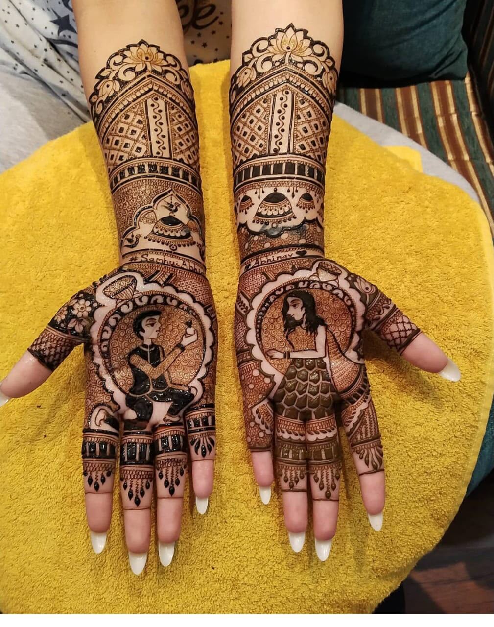 Bridal mehndi couple portrait medallion design