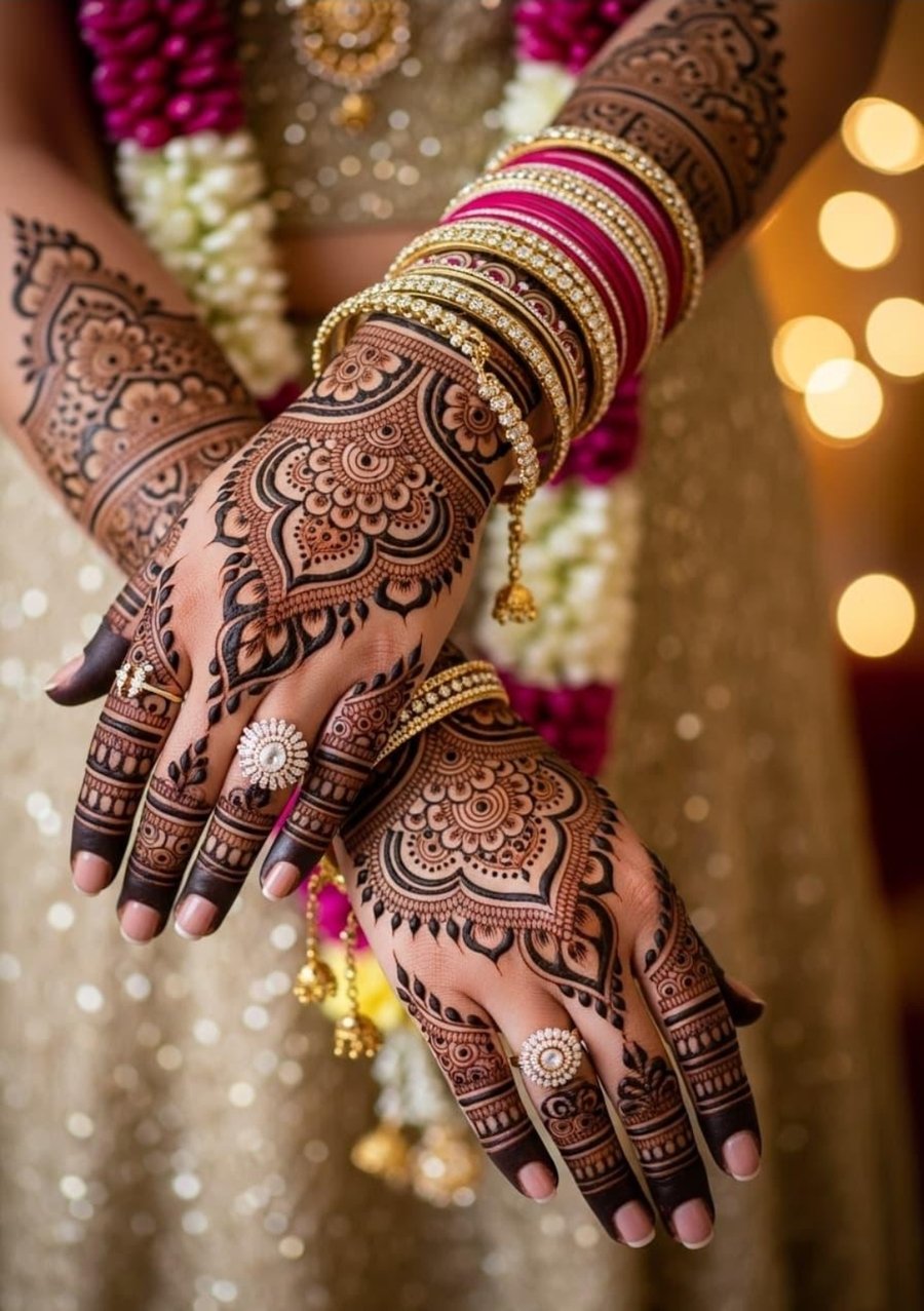 Bridal mehndi crossed hands with bangles and garlands