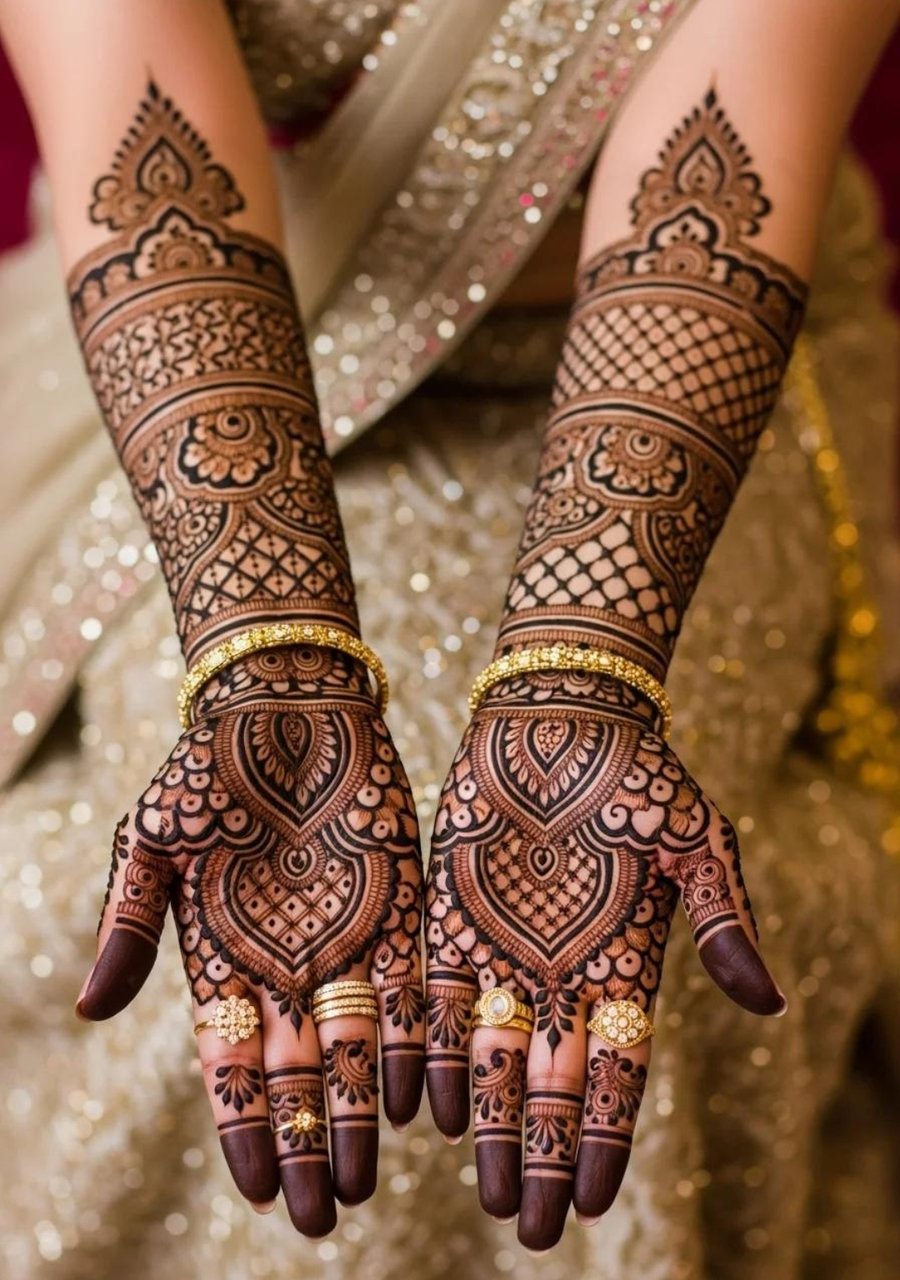 Bridal forearm mehndi with gold bangles