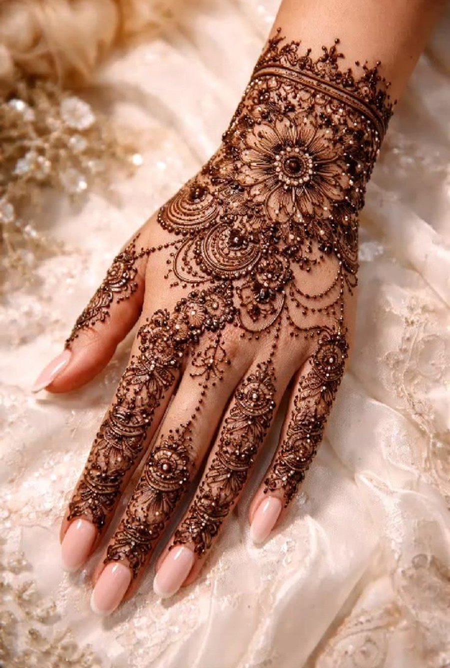 Bridal mehndi hand with pearl embellishments