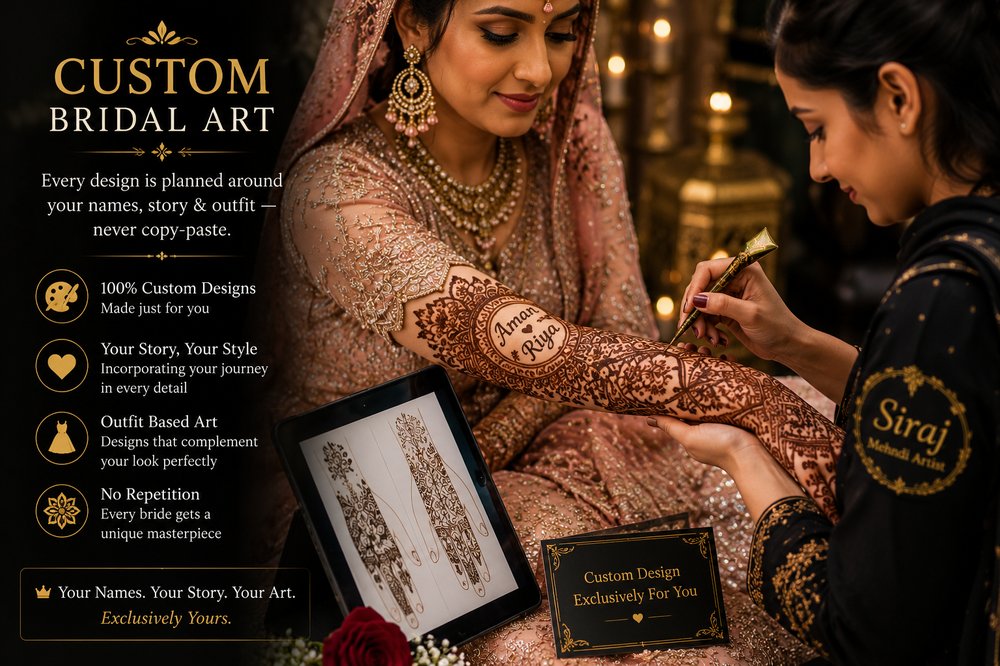 Custom bridal mehndi art planned around bride's names and story