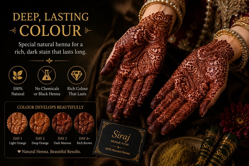 Deep lasting maroon henna colour on bridal hands